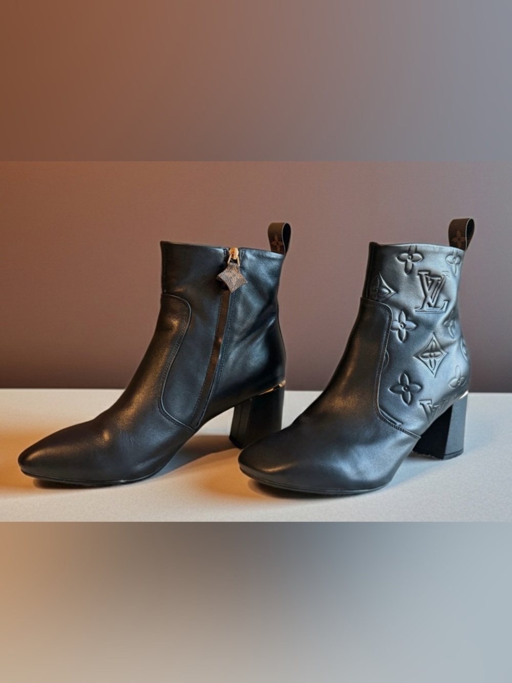 Louis Vuitton Black Leather Embossed Monogram Ankle Boots
